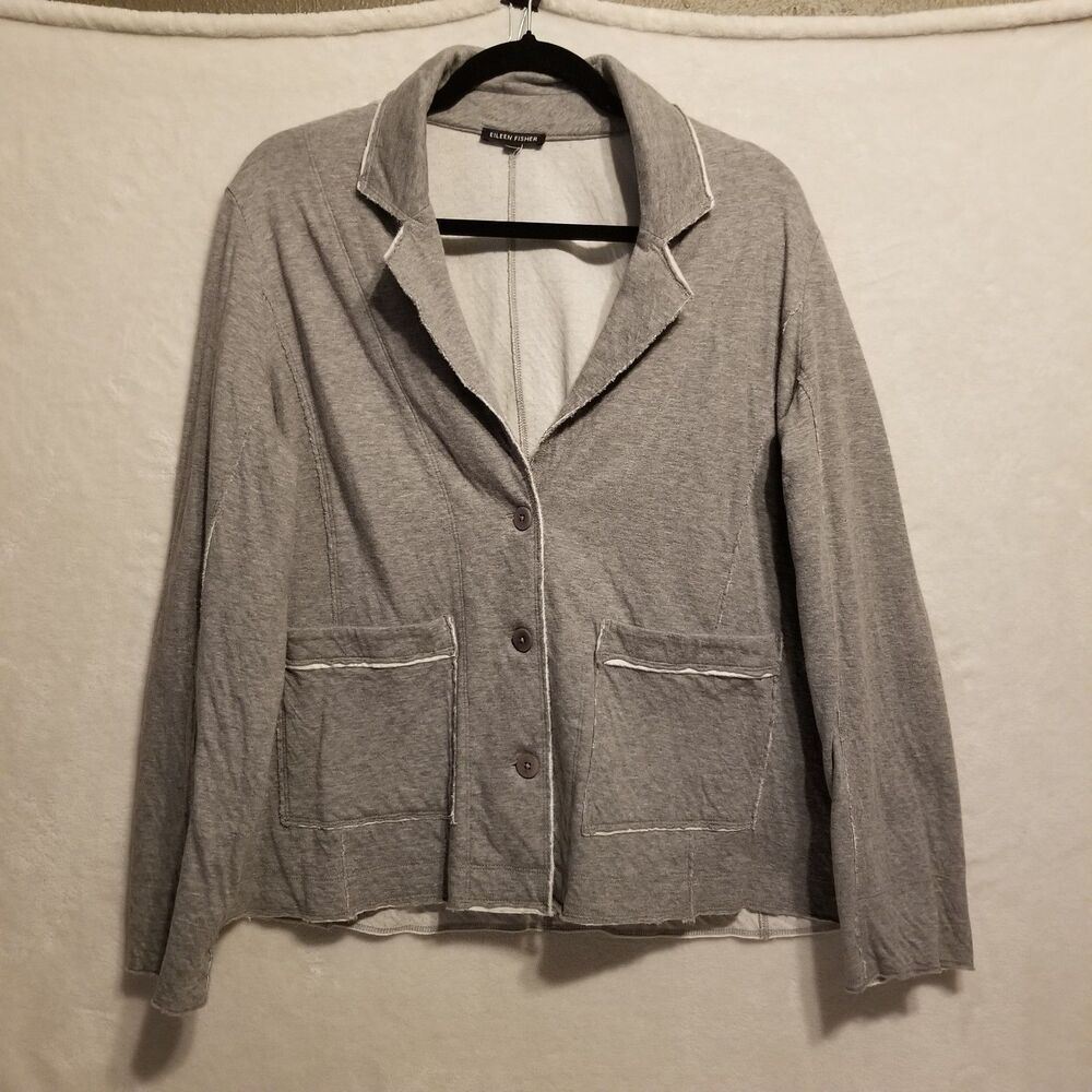Eileen Fisher L Blazer Organic Cotton Knit Double Layer Raw Edge Gray Cozy